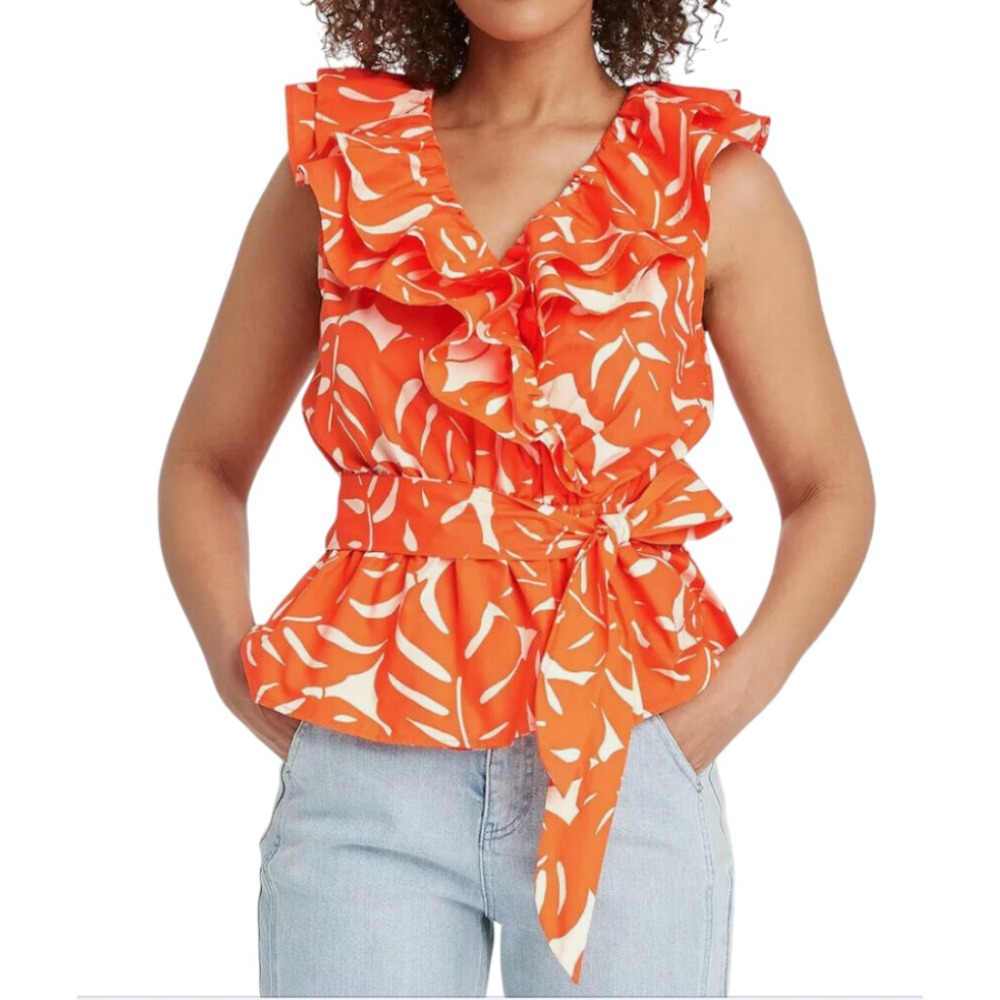 NWT WHO WHAT WEAR Orange Tropical Print RUFFLE BLOUSE TOP TANK Peplum w/Tie SZ S